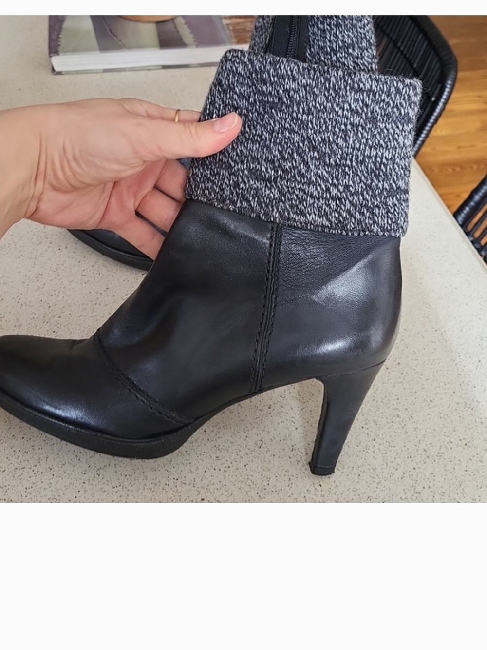 Stuart Weitzman Black Leather Ankle Boots with Gray Knit Cuff